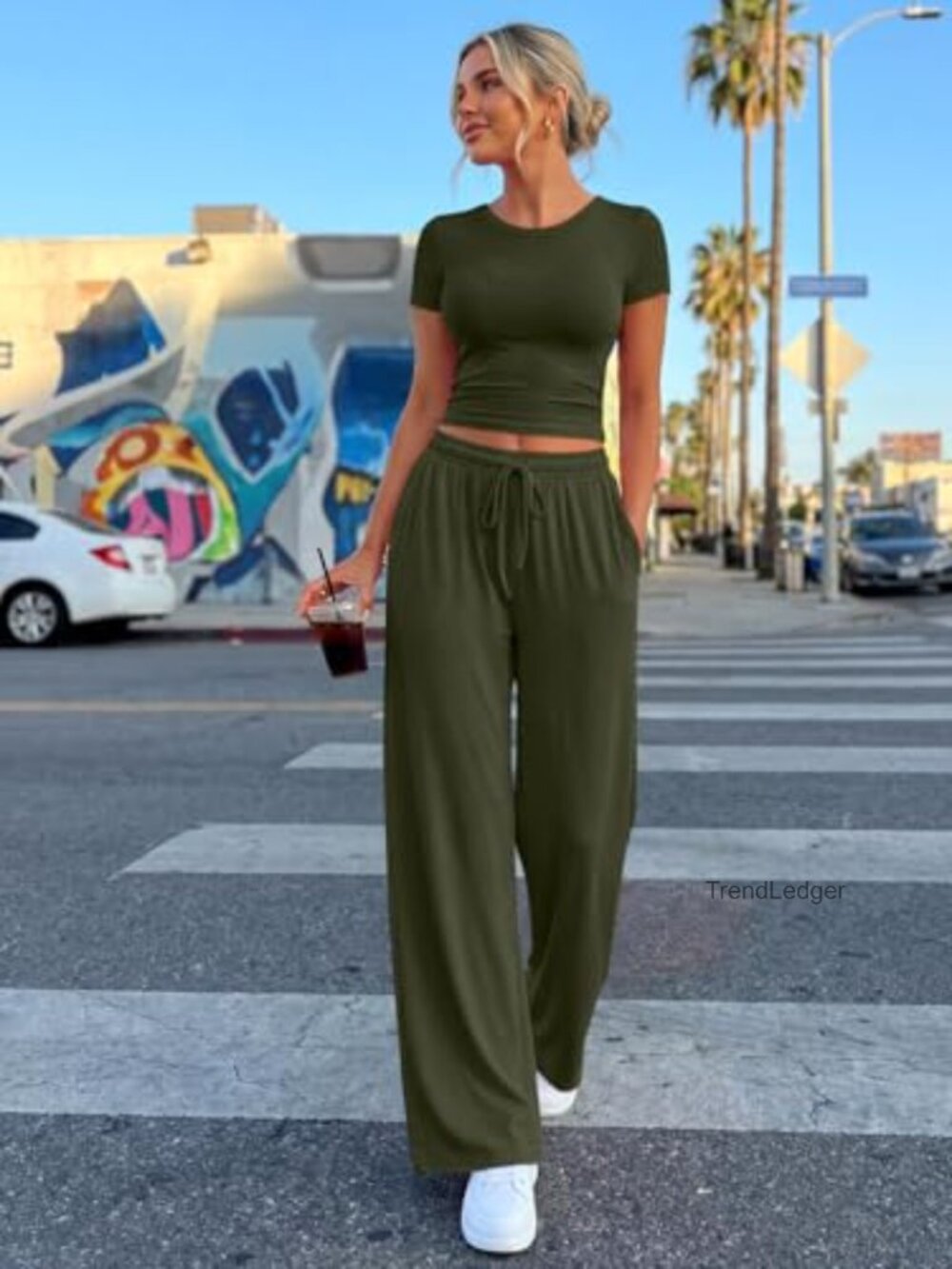 2 Piece Matching Summer Sweatsuit Lounge Set Side Ruching Top Wide Leg Pants - Picture 6 of 7